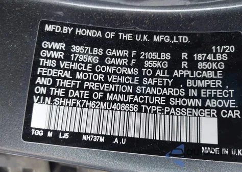 2021 Honda Civic Ex from USA, damaged, VIN SHHFK7H62MU408656